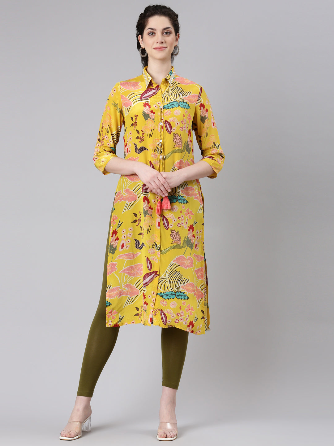 Neerus Yellow Straight Casual Floral Panelled Kurtas