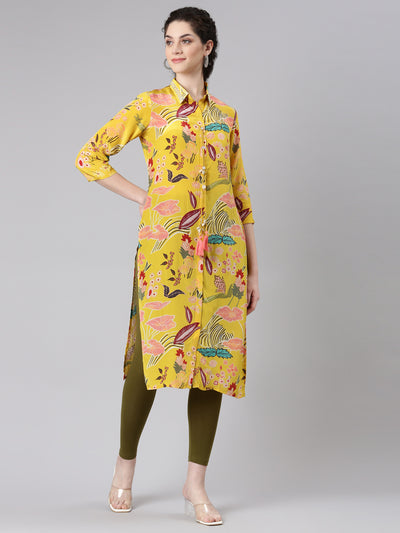 Neerus Yellow Straight Casual Floral Panelled Kurtas