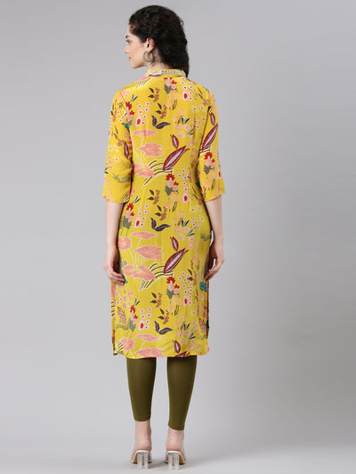 Neerus Yellow Straight Casual Floral Panelled Kurtas