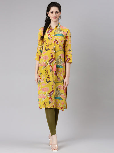 Neerus Yellow Straight Casual Floral Panelled Kurtas