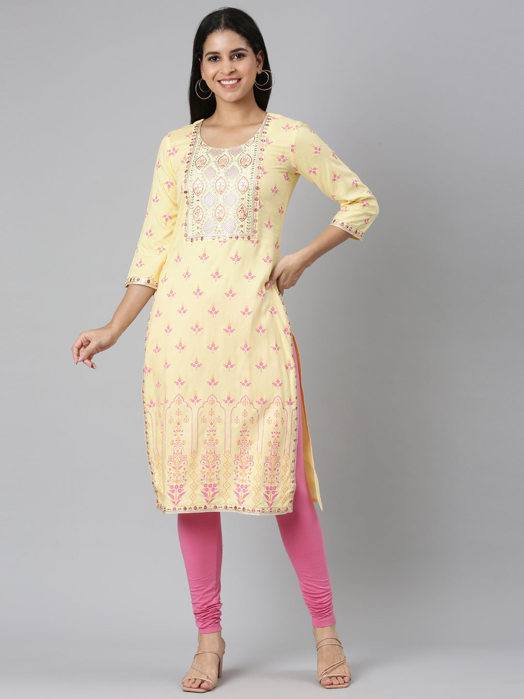 Neerus Yellow Straight Casual Floral Straight Kurtas