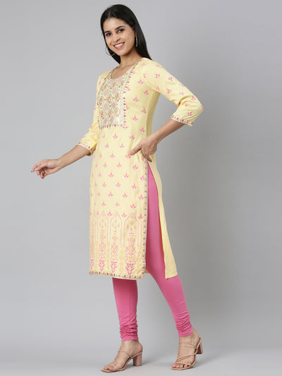 Neerus Yellow Straight Casual Floral Straight Kurtas