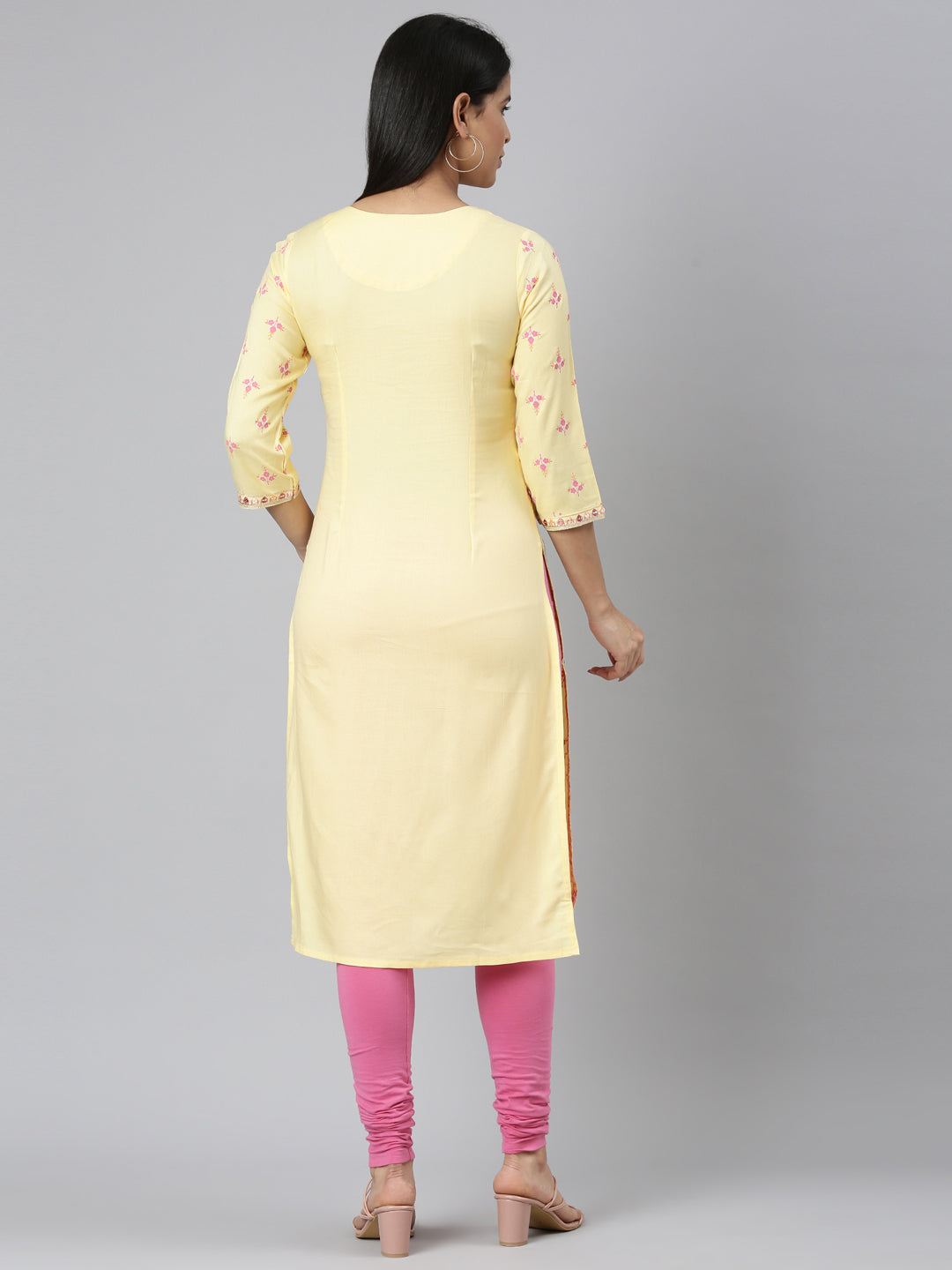 Neerus Yellow Straight Casual Floral Straight Kurtas