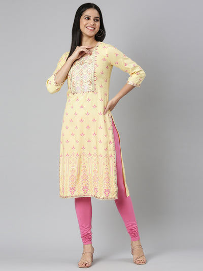 Neerus Yellow Straight Casual Floral Straight Kurtas