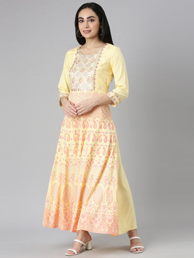 Neerus Yellow Straight Casual Ethnic Motifs Maxi Dresses