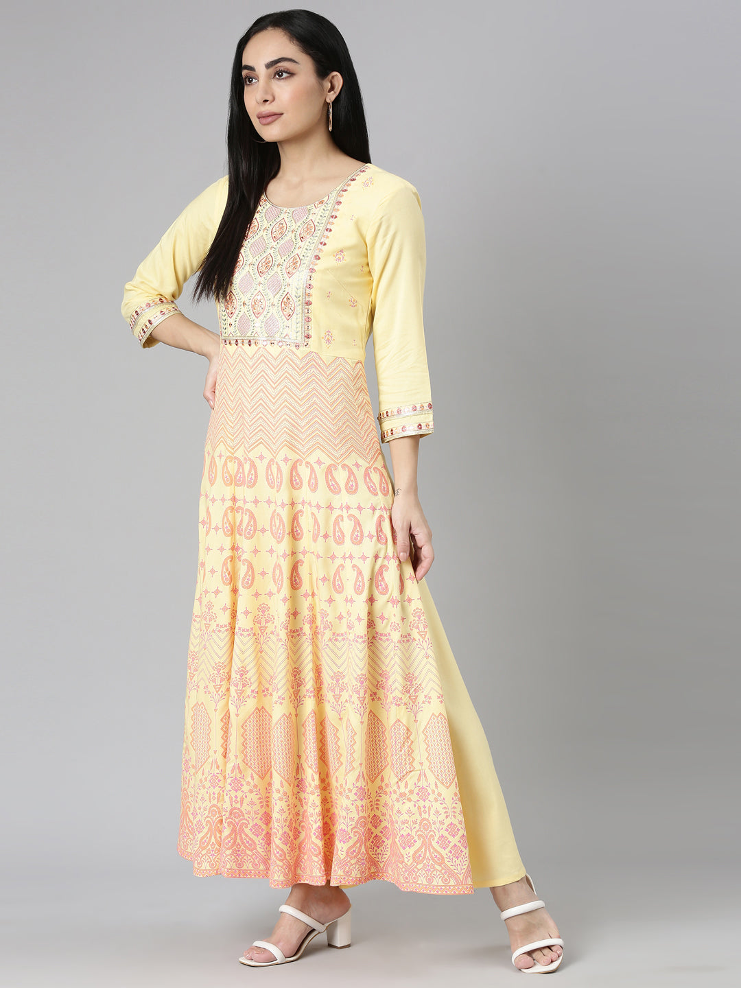 Neerus Yellow Straight Casual Ethnic Motifs Maxi Dresses