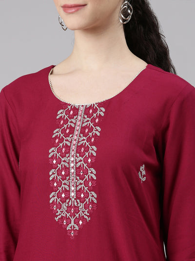 Neerus Red Straight Casual Floral Kurtas