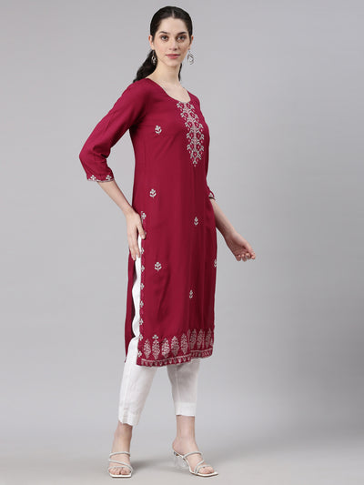 Neerus Red Straight Casual Floral Kurtas