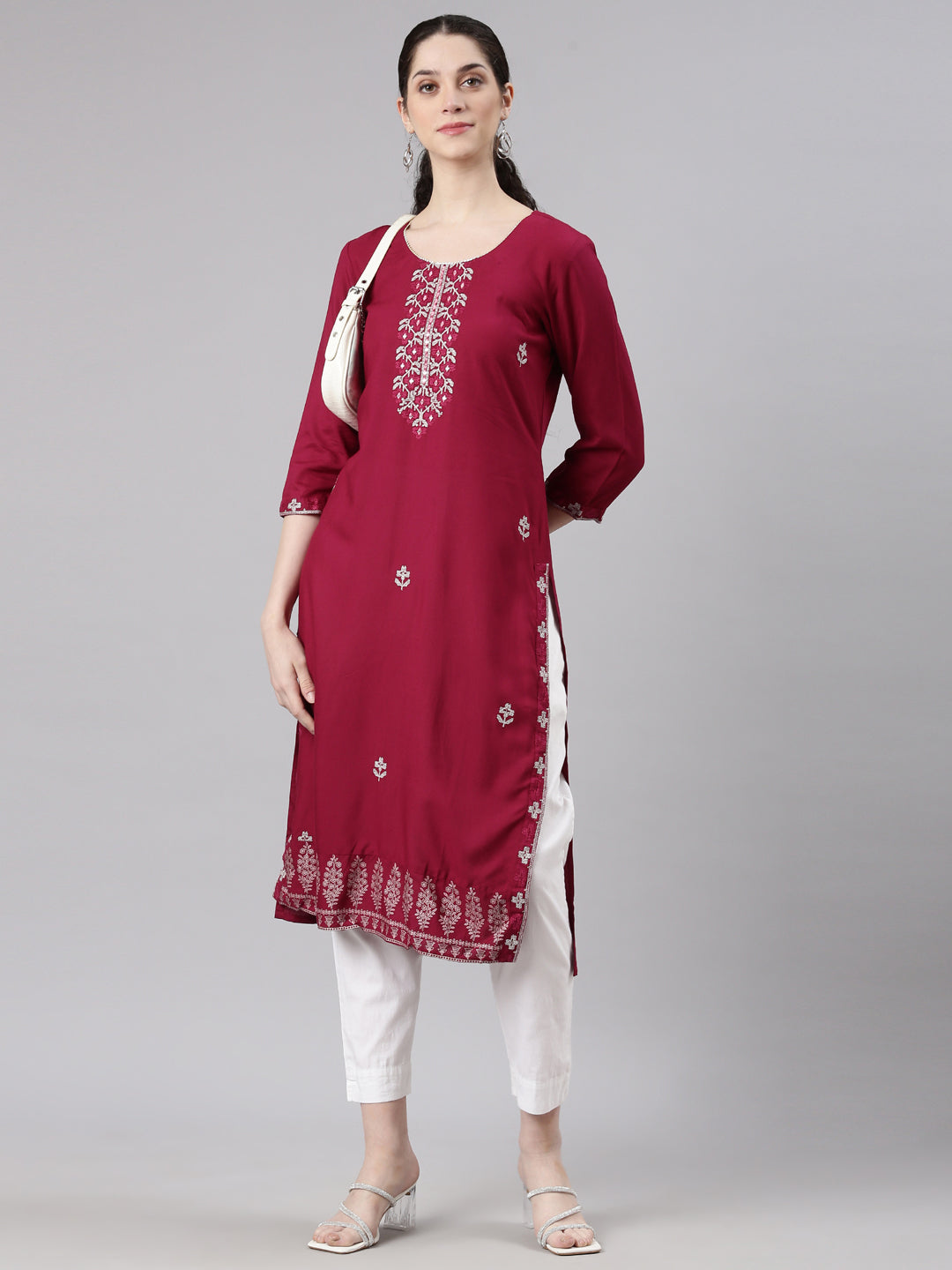 Neerus Red Straight Casual Floral Kurtas