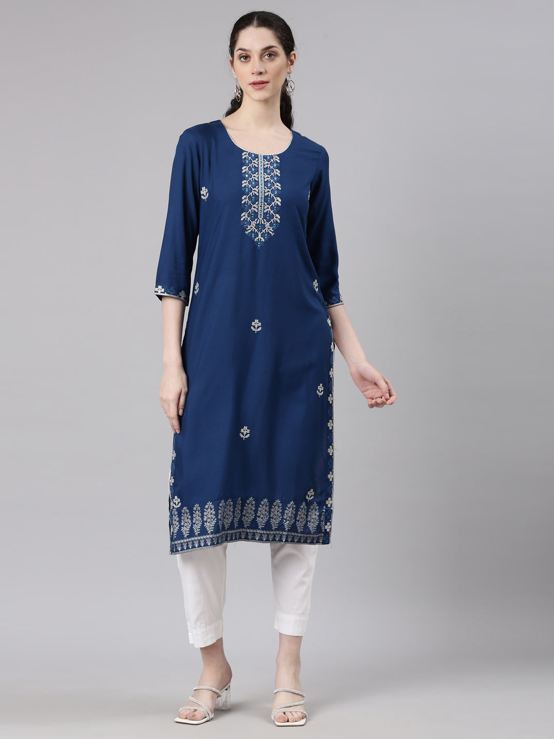 Neerus Blue Straight Casual Floral Kurtas