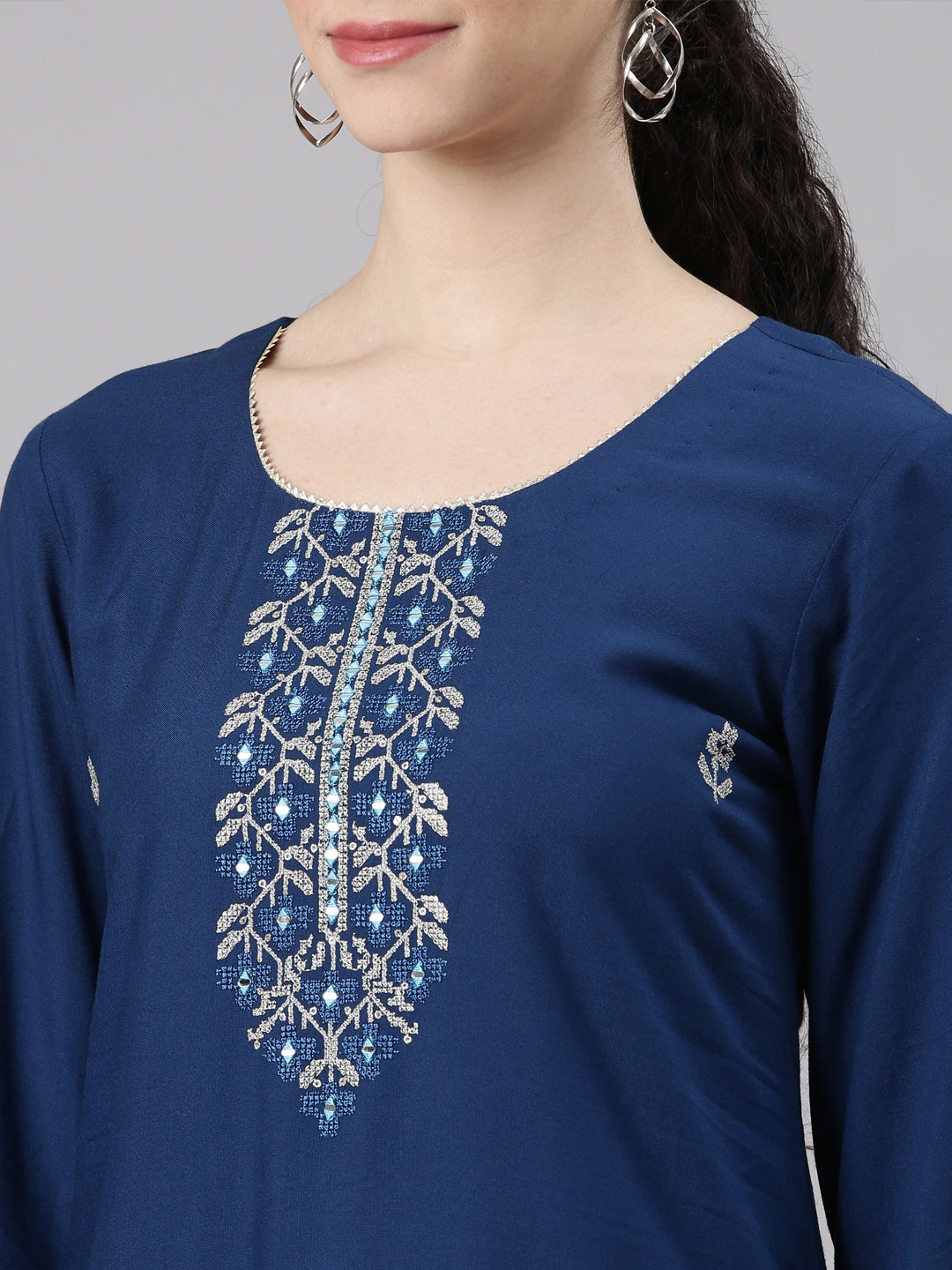 Neerus Blue Straight Casual Floral Kurtas