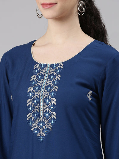 Neerus Blue Straight Casual Floral Kurtas