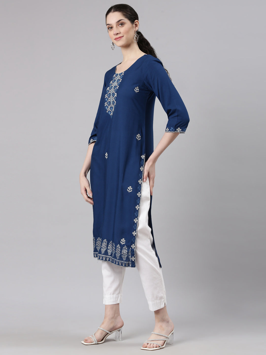 Neerus Blue Straight Casual Floral Kurtas