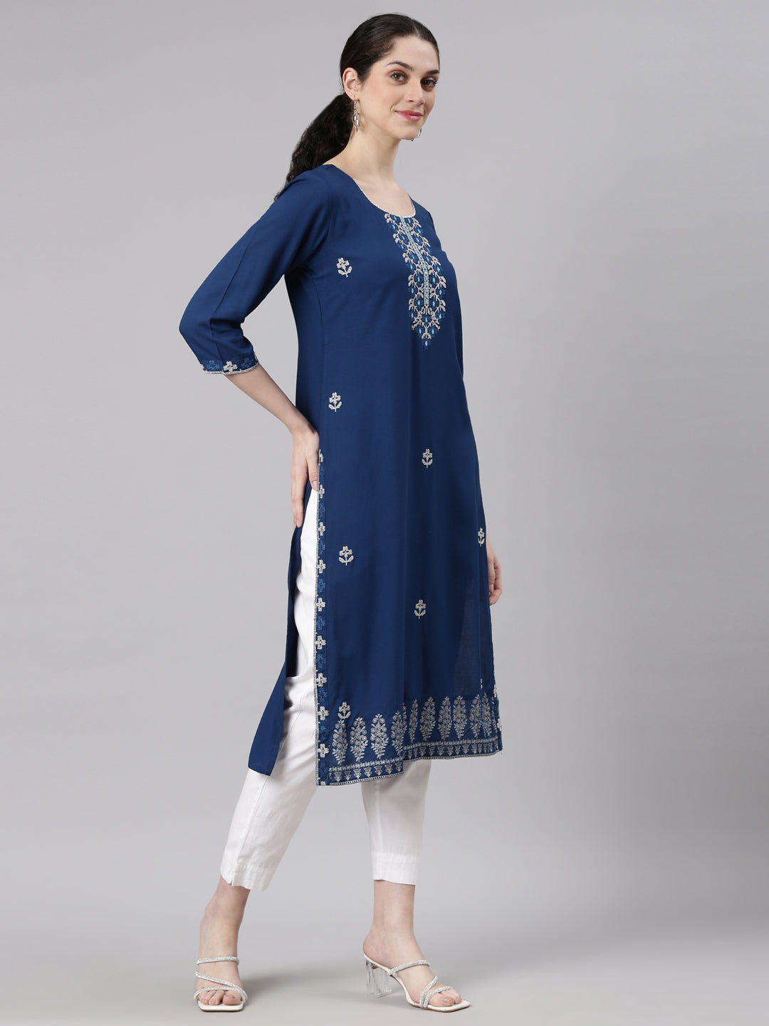 Neerus Blue Straight Casual Floral Kurtas