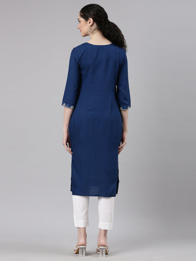 Neerus Blue Straight Casual Floral Kurtas