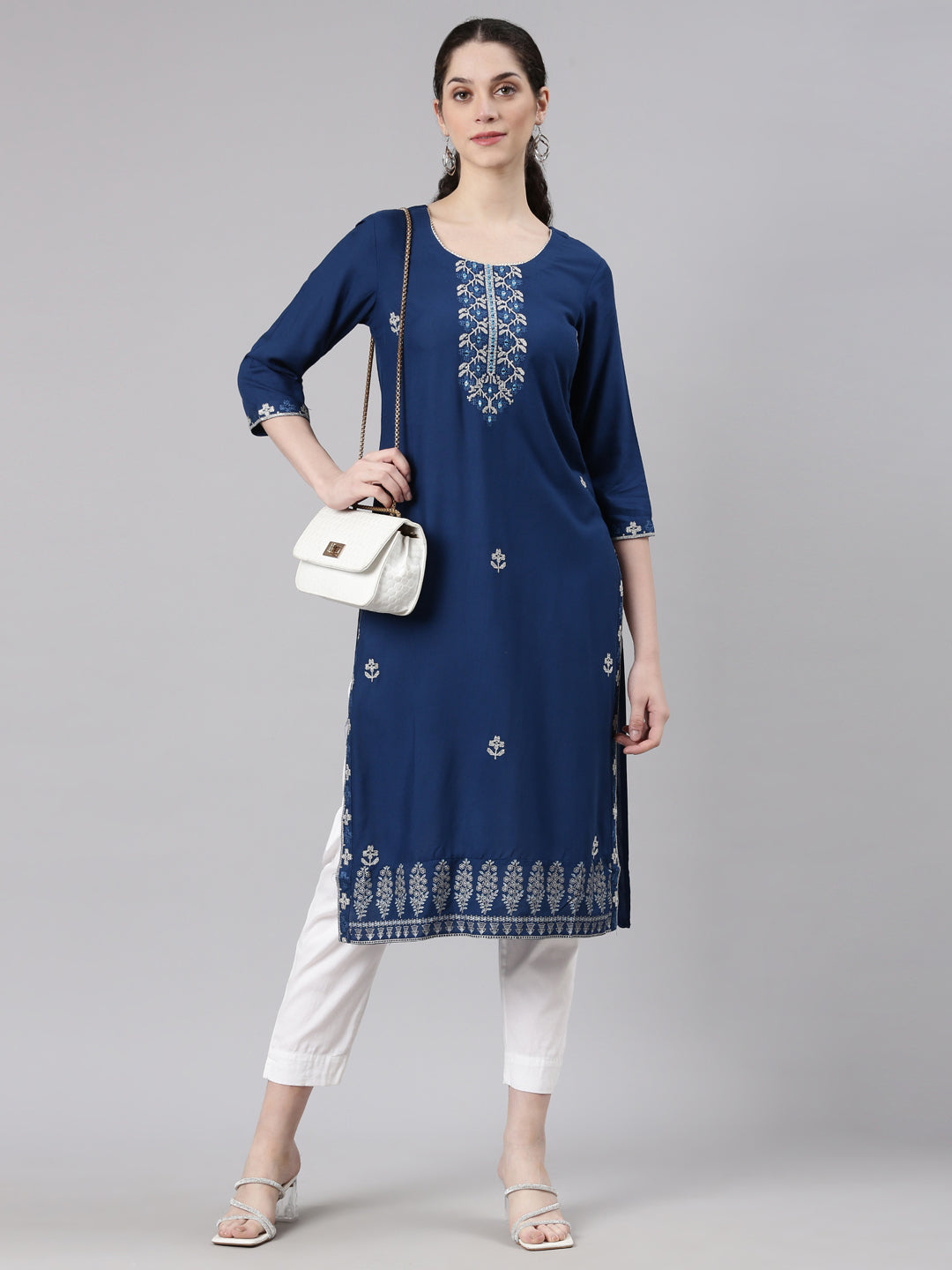 Neerus Blue Straight Casual Floral Kurtas