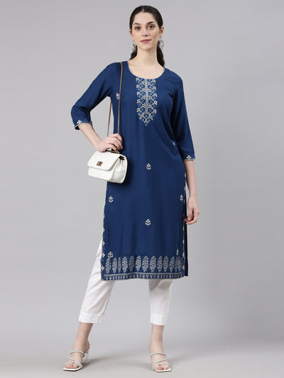 Neerus Blue Straight Casual Floral Kurtas