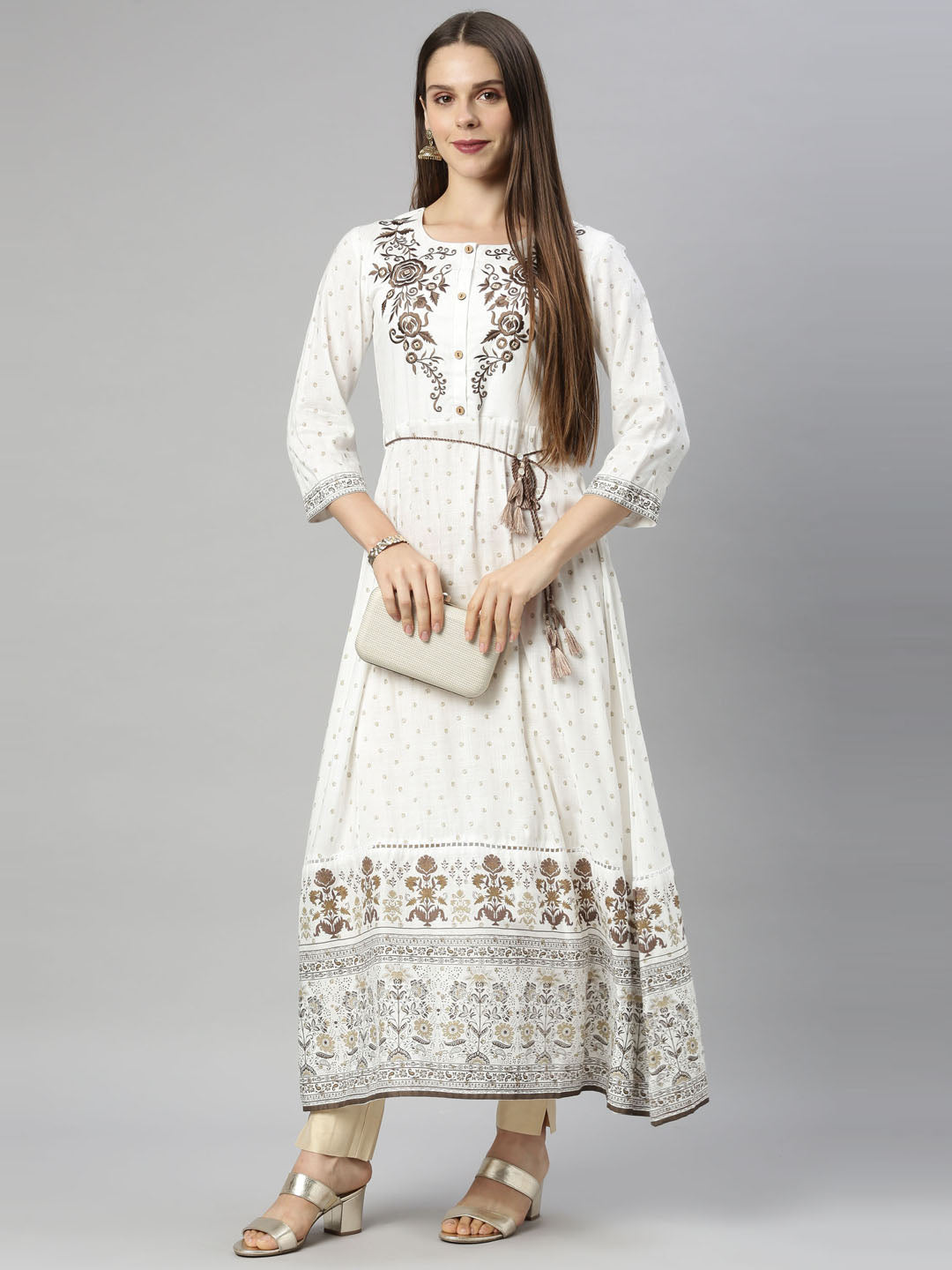 Neerus Women Off White  Brown Floral Embroidered Anarkali Kurta