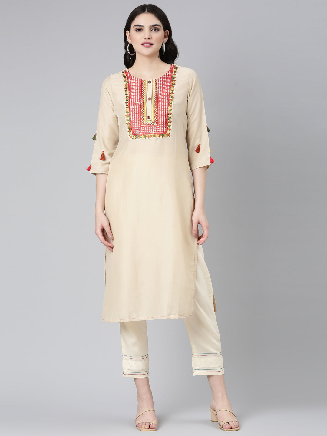 Neeru's Beige Regular Straight Embroidered Kurta