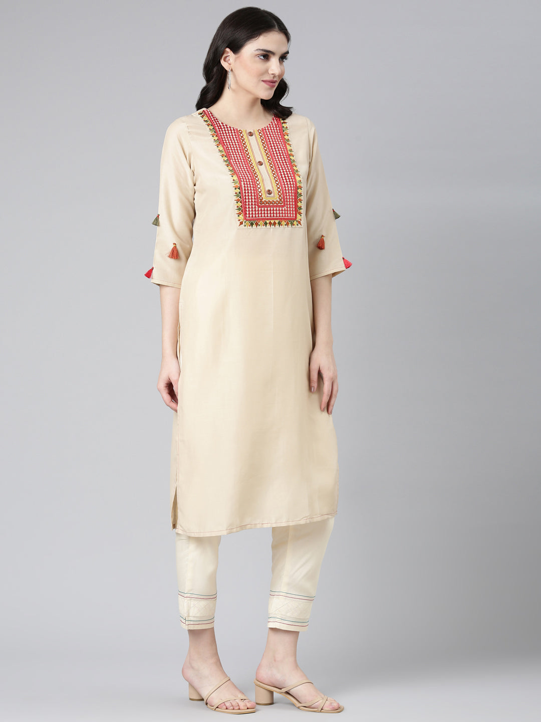 Neeru's Beige Regular Straight Embroidered Kurta