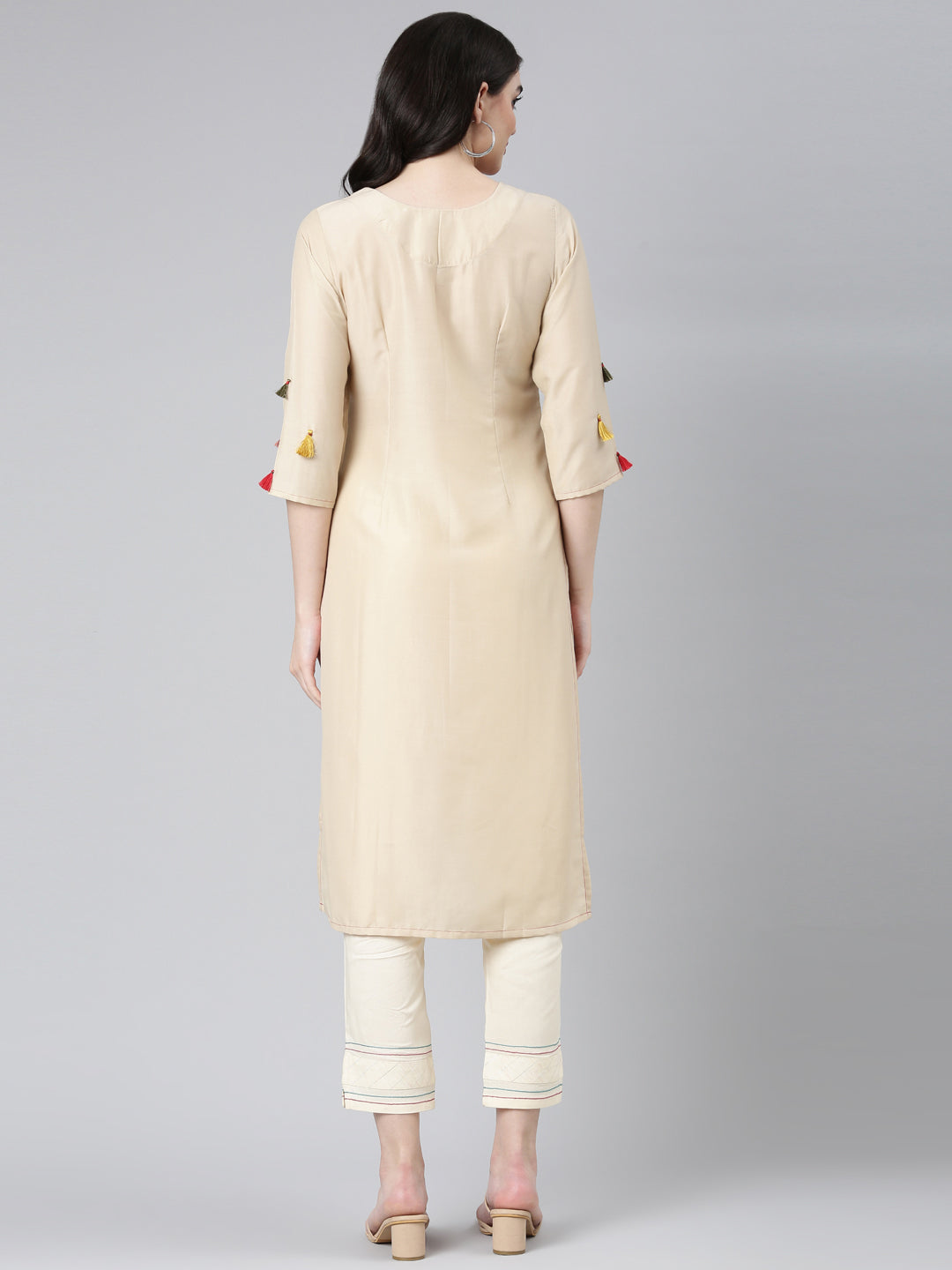 Neeru's Beige Regular Straight Embroidered Kurta