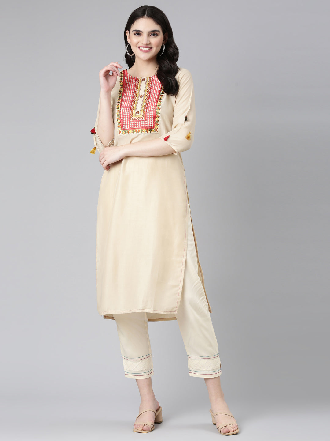 Neeru's Beige Regular Straight Embroidered Kurta