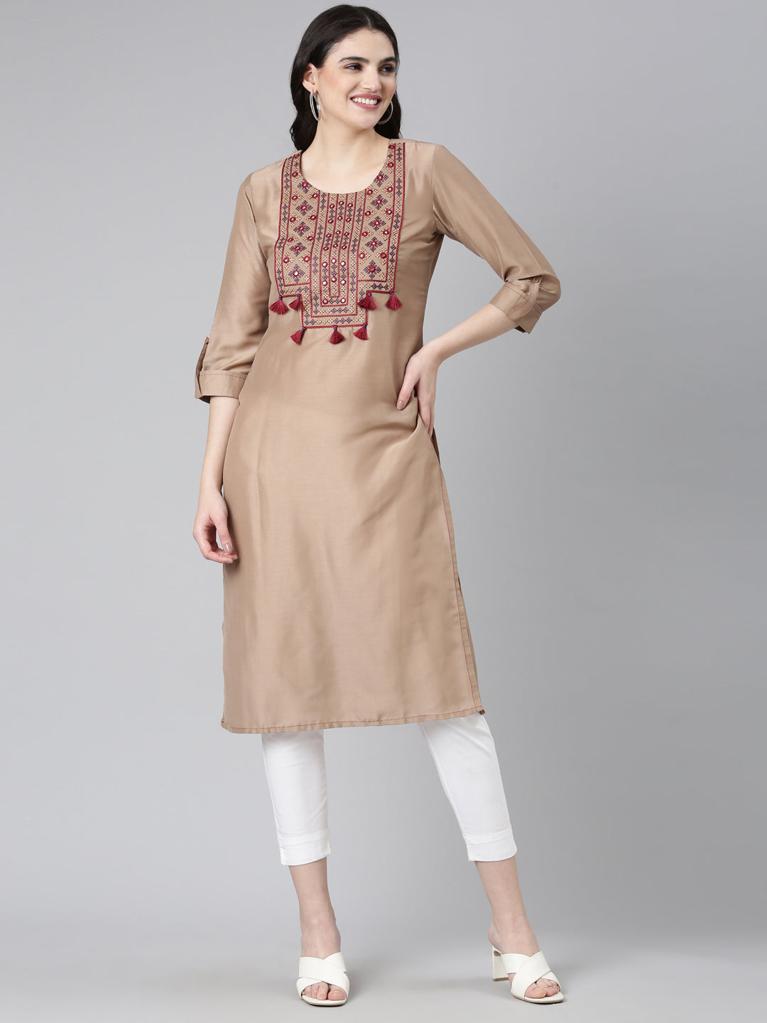 Neeru's Brown Regular Straight Embroidered Kurta