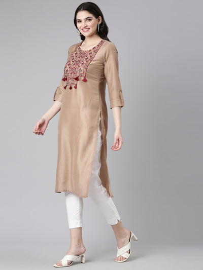 Neeru's Brown Regular Straight Embroidered Kurta