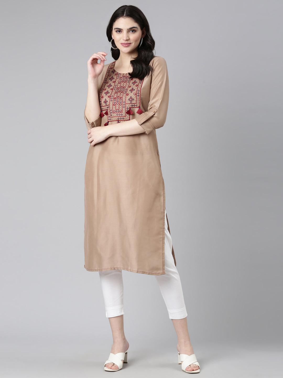 Neeru's Brown Regular Straight Embroidered Kurta