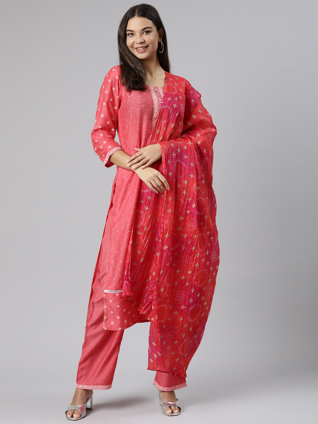 Neeru's Red Regular Straight Bandhani Kurta And Trousers With Dupatta