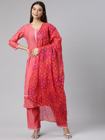 Neeru's Red Regular Straight Bandhani Kurta And Trousers With Dupatta