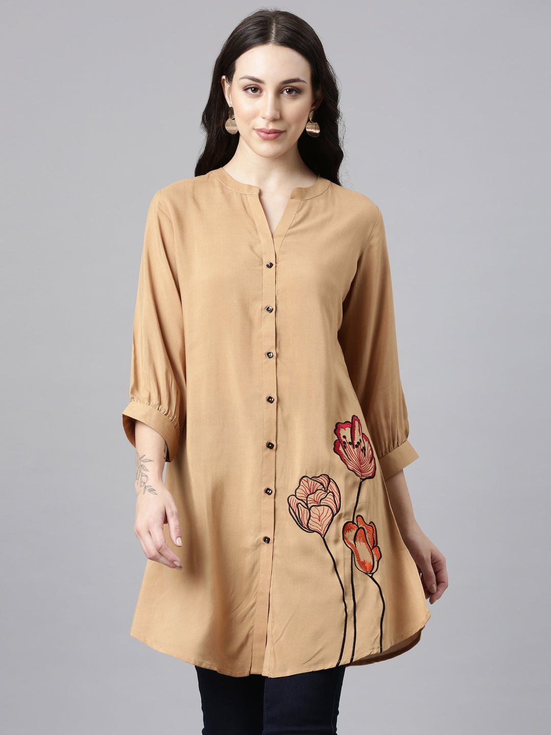 Neerus Beige High-Low Casual Solid Straight Kurtis