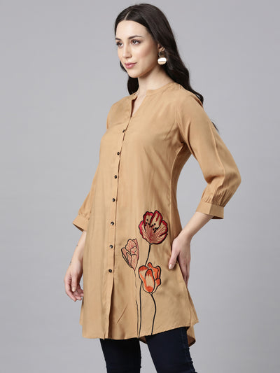 Neerus Beige High-Low Casual Solid Straight Kurtis