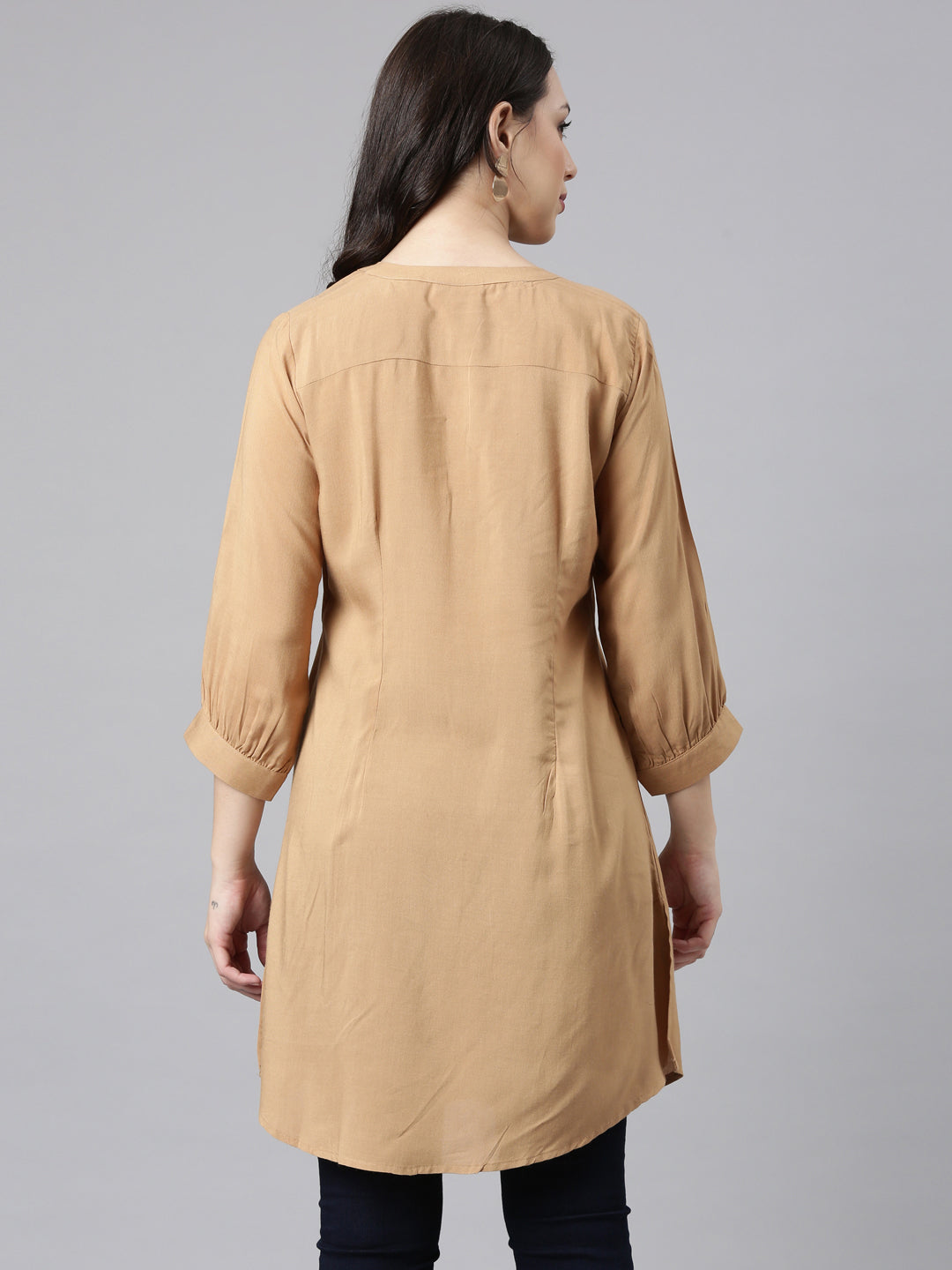 Neerus Beige High-Low Casual Solid Straight Kurtis