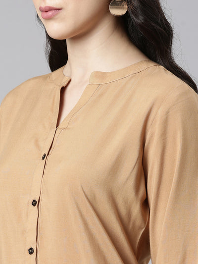 Neerus Beige High-Low Casual Solid Straight Kurtis