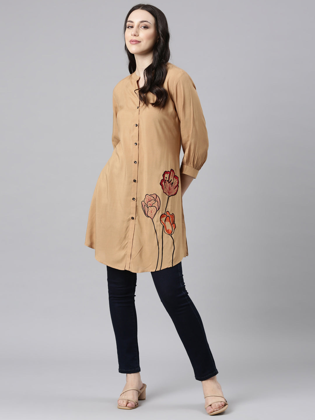 Neerus Beige High-Low Casual Solid Straight Kurtis