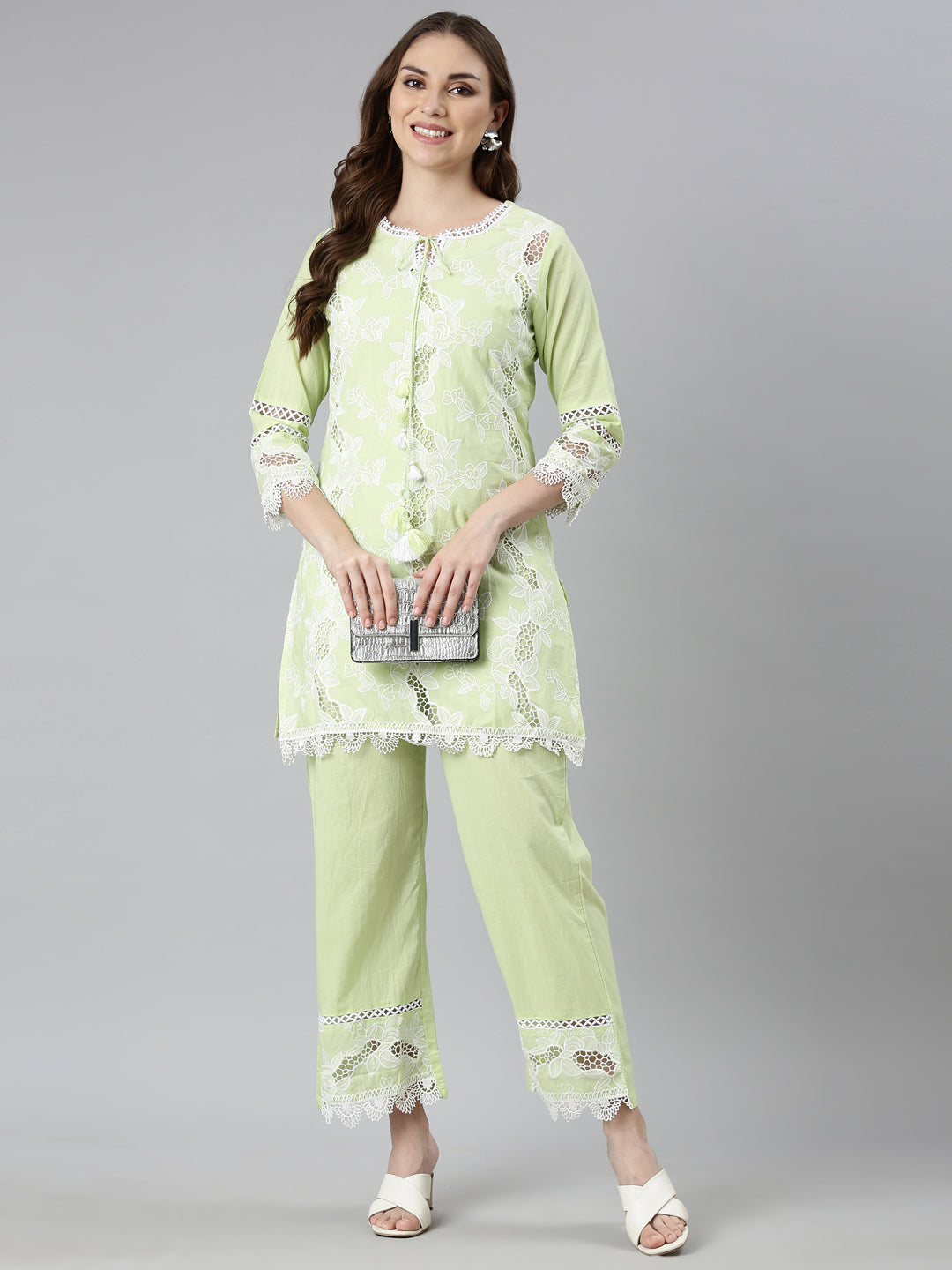 Neerus Green Regular Straight Floral Kurti And  Trousers