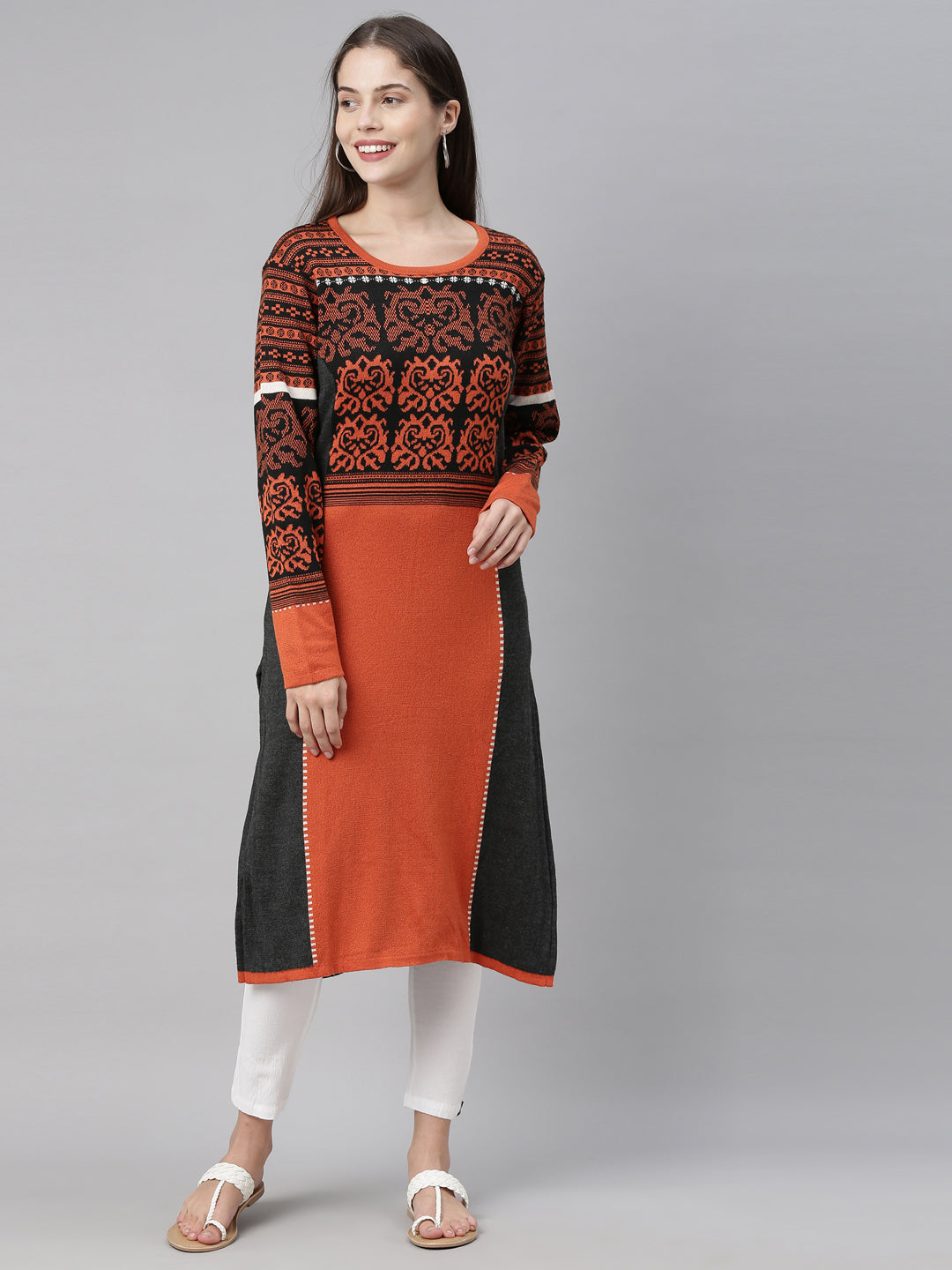 Neerus Women Black  Orange Ethnic Motifs Printed Acrylic Knitted Kurta