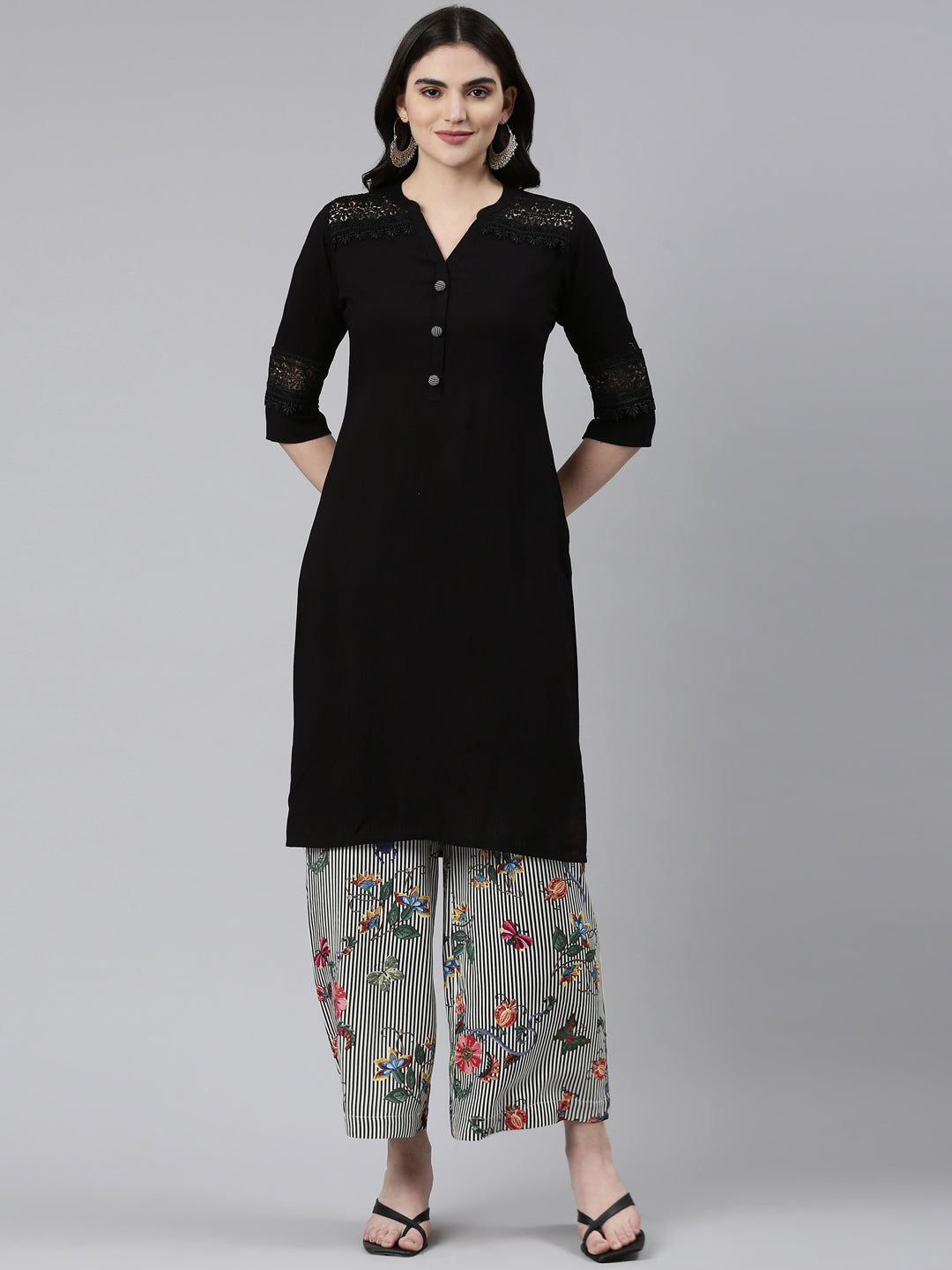 Neeru's Black Regular Straight Solid Kurta And Palazzos