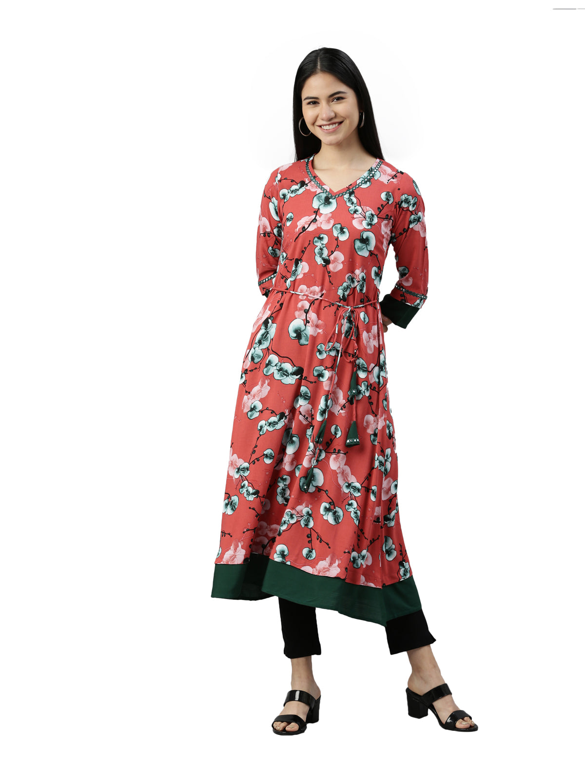 Neerus Women Rust Floral Printed Anarkali Kurta