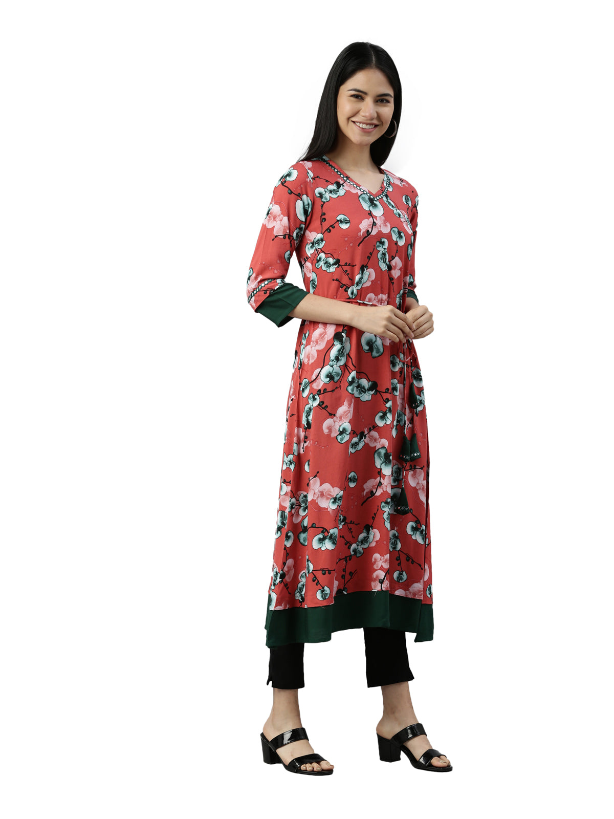 Neerus Women Rust Floral Printed Anarkali Kurta