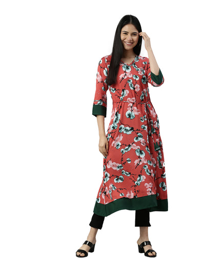 Neerus Women Rust Floral Printed Anarkali Kurta