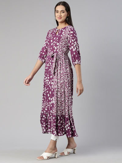 Neeru's Purple Floral Keyhole Neck Chiffon Ethnic A-Line Midi Dress