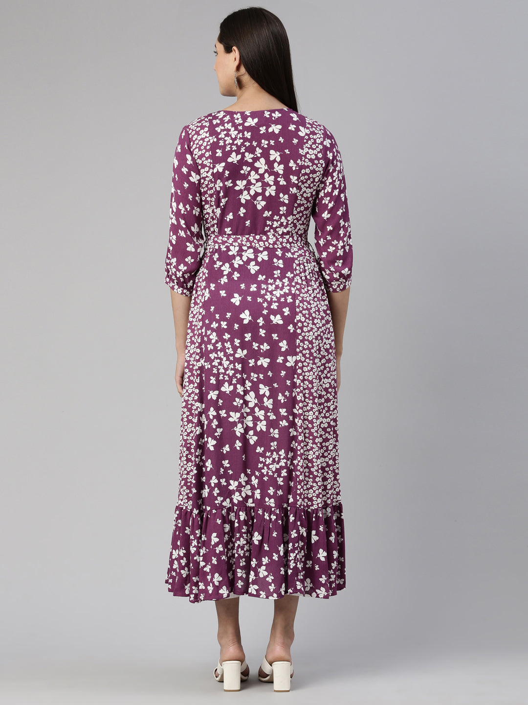 Neeru's Purple Floral Keyhole Neck Chiffon Ethnic A-Line Midi Dress