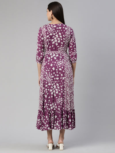 Neeru's Purple Floral Keyhole Neck Chiffon Ethnic A-Line Midi Dress