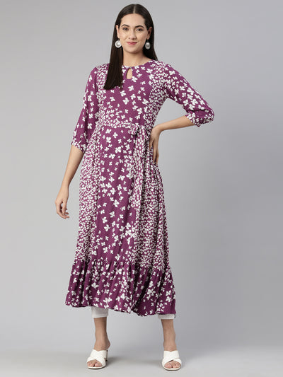 Neeru's Purple Floral Keyhole Neck Chiffon Ethnic A-Line Midi Dress