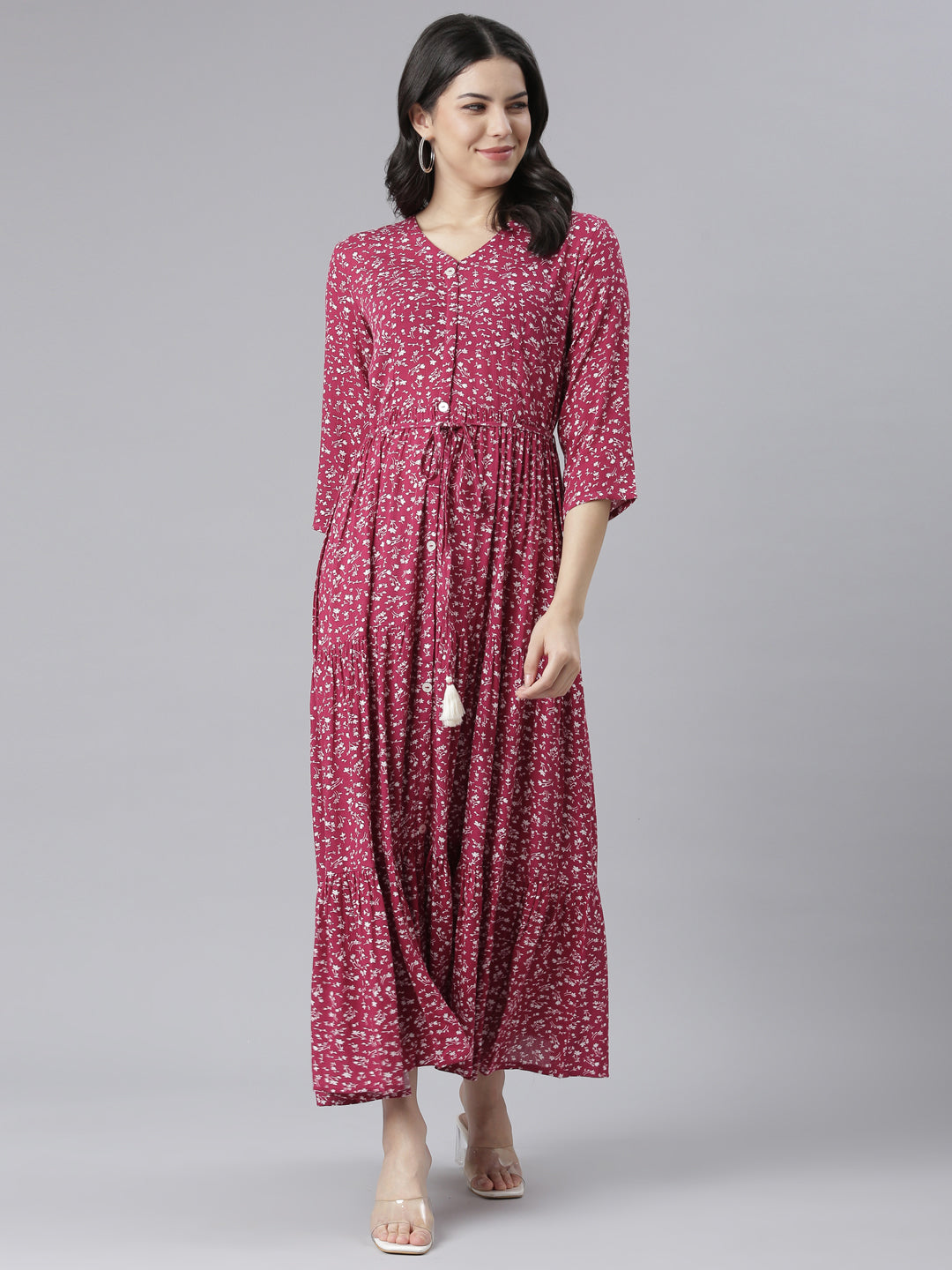 Neeru's Magenta Straight Casual Floral Dresses