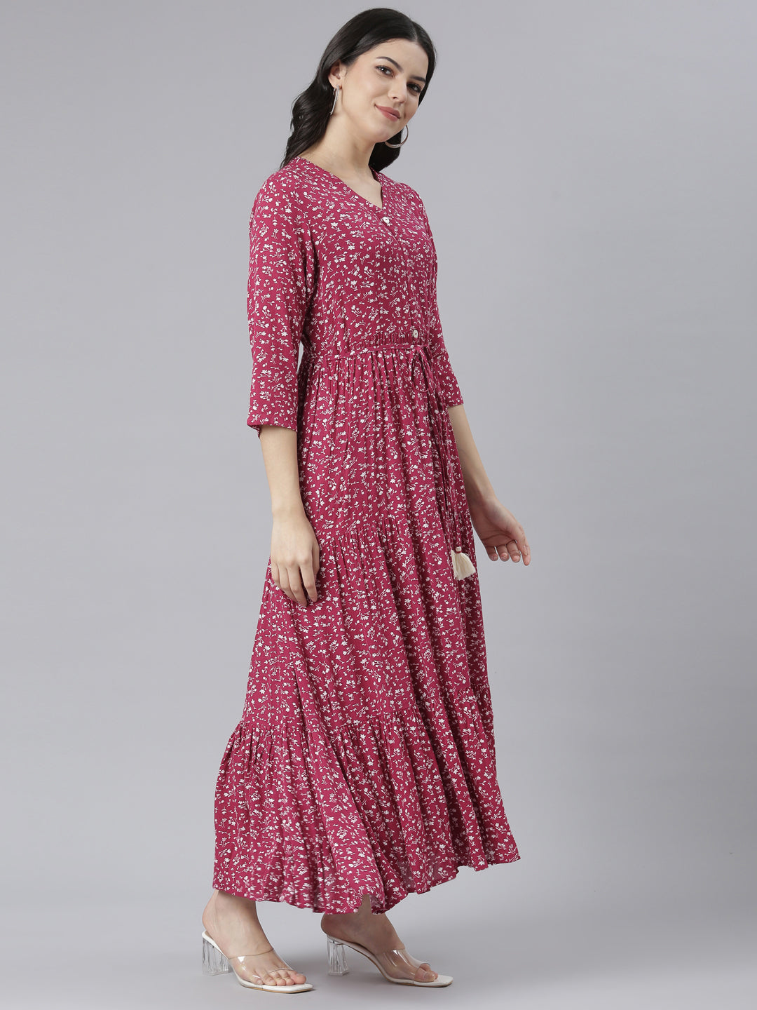 Neeru's Magenta Straight Casual Floral Dresses