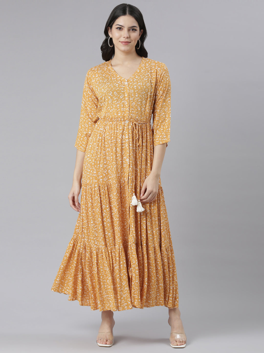 Neeru's Mustard Straight Casual Floral Dresses