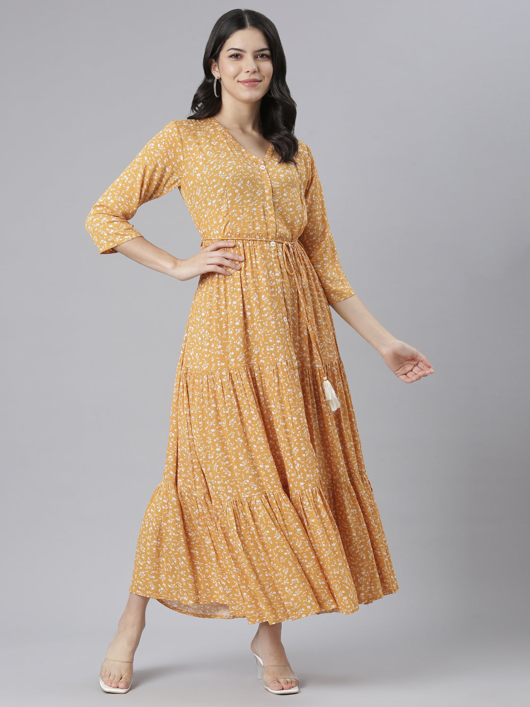 Neeru's Mustard Straight Casual Floral Dresses